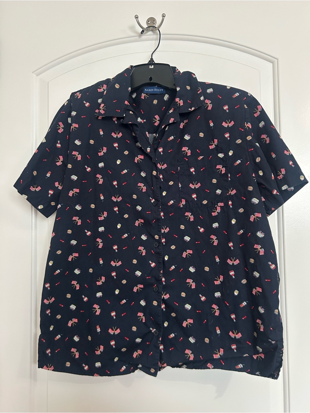 Vintage 90s 4th of July USA Flag Barbecue Print Button-Down Size L preppy chic